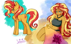Size: 808x500 | Tagged: safe, artist:seikis, derpibooru import, sunset shimmer, human, pony, equestria girls, beach, g4, image, png, simple background