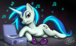 Size: 1280x782 | Tagged: safe, artist:14-bis, derpibooru import, vinyl scratch, pony, unicorn, female, g4, horn, image, jpeg, looking at you, lying down, mare, music notes, record, record player, red eyes, solo