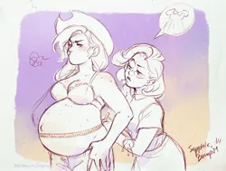 Size: 2791x2113 | Tagged: suggestive, artist:schpog, derpibooru import, applejack, rarity, human, annoyed, belly, belly button, belly freckles, big belly, boob freckles, bra, breasts, busty applejack, chest freckles, clothes, commission, duo, duo female, female, freckles, humanized, image, jpeg, measuring, measuring tape, mouth hold, outie belly button, partial color, pictogram, pin, preggo jack, pregnant, shoulder freckles, speech bubble, underwear