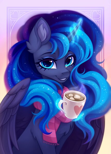 Size: 2936x4096 | Tagged: safe, artist:_rozmed_, artist:rozmed, derpibooru import, princess luna, alicorn, pony, chest fluff, chocolate, clothes, cute, ear fluff, eyebrows, female, food, g4, glow, glowing horn, gradient background, heart, high res, horn, hot chocolate, image, jpeg, levitation, looking at you, lunabetes, magic, magic aura, mare, marshmallow, mug, scarf, smiling, smiling at you, solo, striped scarf, telekinesis, wings