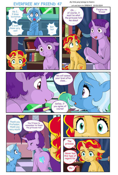 Size: 750x1111 | Tagged: safe, artist:jeremy3, derpibooru import, sunset shimmer, trixie, oc, comic:everfree my friend, canterlot, image, jpeg, original character do not steal, school