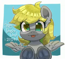 Size: 3031x2755 | Tagged: safe, artist:yukkuri_yu_yu, derpibooru import, derpy hooves, pegasus, pony, :p, cute, derpabetes, derpy day, eye clipping through hair, female, frog (hoof), g4, image, jpeg, looking at you, mare, smiling, smiling at you, solo, spread wings, text, tongue out, underhoof, wings
