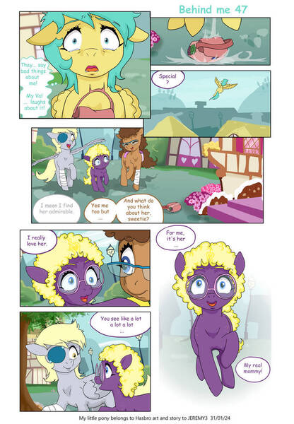 Size: 749x1080 | Tagged: safe, artist:jeremy3, derpibooru import, derpy hooves, sunshower raindrops, oc, oc:trissie, oc:valentine, pony, comic:behind me, food, image, jpeg, muffin, ponyville