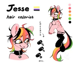 Size: 1527x1322 | Tagged: safe, artist:rtootb, derpibooru import, oc, oc:jesse, unofficial characters only, earth pony, pony, clothes, collar, earth pony oc, image, nonbinary, png, pride, pride flag, reference sheet, simple background, socks, stockings, stripes, thigh highs, white background