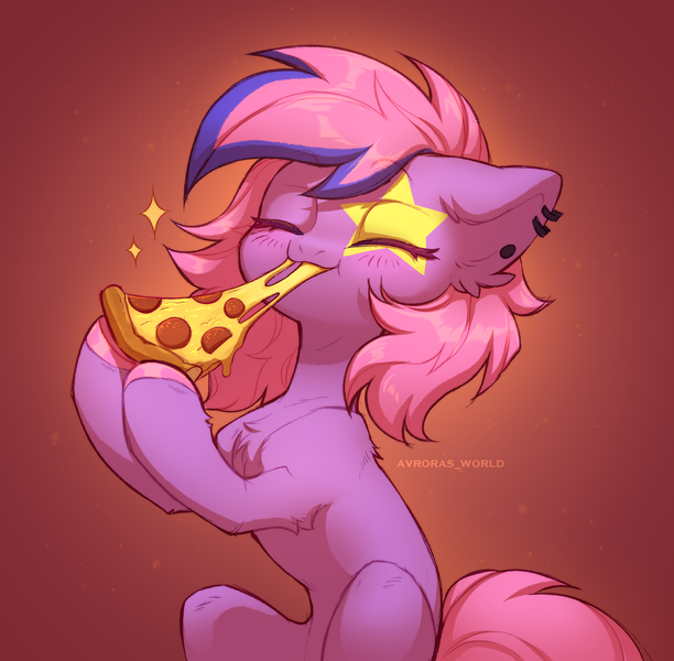 Size: 2500x2450 | Tagged: safe, alternate version, artist:avroras_world, derpibooru import, oc, unofficial characters only, earth pony, pony, chest fluff, commission, cute, ear fluff, ear piercing, earring, earth pony oc, eating, eyes closed, female, food, gradient background, high res, hoof hold, image, jewelry, mare, meat, ocbetes, pepperoni, pepperoni pizza, piercing, pizza, png, signature, solo