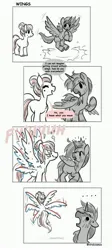 Size: 1829x4096 | Tagged: safe, artist:opalacorn, derpibooru import, oc, oc:silver stream, oc:void, unofficial characters only, alicorn, pegasus, pony, zebra, zebra alicorn, zebracorn, ..., comic, dialogue, duo, duo male and female, female, flying, image, jpeg, male, mare, multiple wings, nose piercing, nose ring, partial color, piercing, simple background, stallion, wat, white background, wings