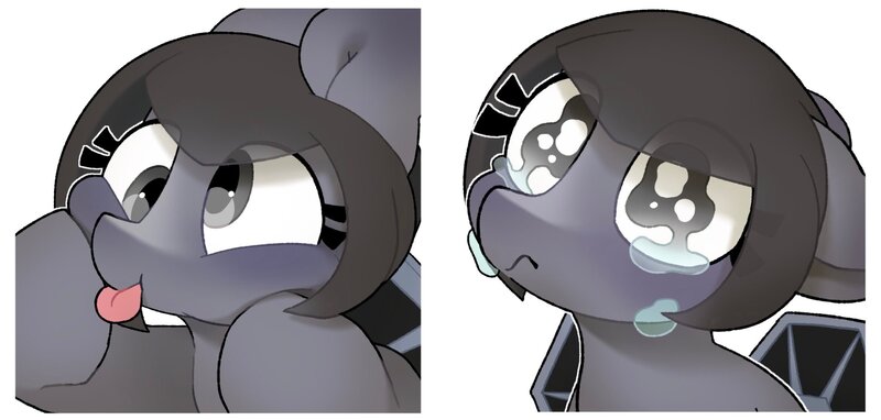 Size: 2339x1117 | Tagged: safe, artist:mochi_nation, derpibooru import, oc, oc:tie pony, unofficial characters only, pony, :p, bust, cross-eyed, crying, duo, eye shimmer, female, floppy ears, image, jpeg, mare, silly, simple background, solo, star wars, starfighter, tie fighter, tongue out, white background