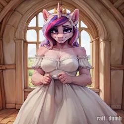 Size: 1024x1024 | Tagged: safe, ai content, derpibooru import, machine learning generated, prompter:raif, stable diffusion, princess cadance, alicorn, anthro, pony, breasts, chest fluff, clothes, crown, dress, ear fluff, eyebrows, eyelashes, eyeliner, eyeshadow, female, fluffy, g4, generator:easyfluff v11.2, hand, horn, image, indoors, jewelry, makeup, png, regalia, solo, watermark, wedding dress, window