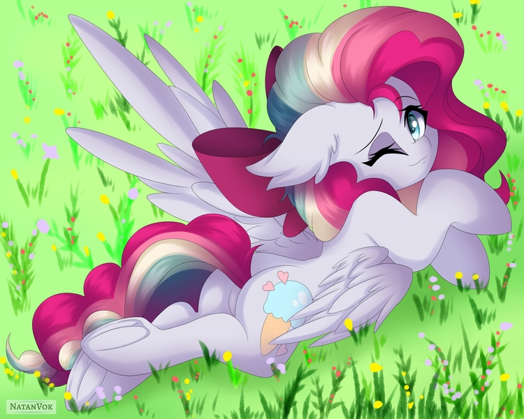 Size: 2560x2048 | Tagged: safe, artist:natanvok, derpibooru import, oc, oc:sky sorbet, unofficial characters only, pegasus, pony, butt, dock, eyebrows, eyebrows visible through hair, featureless crotch, female, floppy ears, frog (hoof), grass, high res, image, jpeg, looking at you, lying down, mare, one eye closed, one wing out, outdoors, pegasus oc, plot, prone, smiling, smiling at you, solo, sploot, tail, underhoof, wings, wink, winking at you