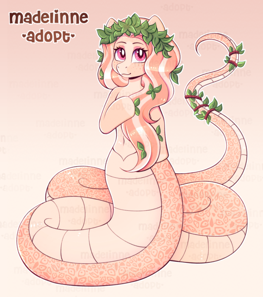 Size: 2659x3000 | Tagged: safe, artist:madelinne, derpibooru import, oc, unofficial characters only, lamia, original species, garland, image, long hair, pink eyes, png, reference sheet, solo
