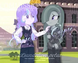 Size: 2016x1640 | Tagged: artist needed, safe, derpibooru import, marble pie, oc, oc:delia ino, earth pony, unicorn, equestria girls, base used, canon x oc, comforting, female, females only, g4, grey hair, horn, image, looking at each other, looking at someone, png, purple eyes, purple hair, smiling, smiling at each other, unicorn oc