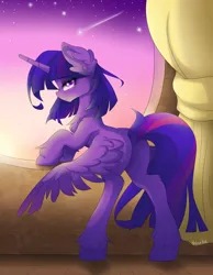 Size: 3500x4500 | Tagged: safe, artist:natanvok, derpibooru import, twilight sparkle, twilight sparkle (alicorn), alicorn, pony, bedroom eyes, butt, dock, ear fluff, eyebrows, eyebrows visible through hair, featureless crotch, female, g4, high res, horn, image, looking at you, mare, night, night sky, plot, png, profile, shooting star, sky, solo, spread wings, stars, tail, twibutt, wings, wings down