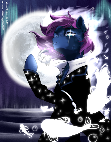 Size: 1320x1680 | Tagged: safe, artist:n0thingbutath0ught, derpibooru import, oc, fish, pony, aura, aurora borealis, clothes, image, moon, png, quote, solo, stars, text, water