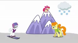 Size: 1077x603 | Tagged: safe, screencap, apple bloom, carrot top, double diamond, golden harvest, earth pony, pony, series:mlp animation's short films, series:pinkie's sneezing day, image, jpeg, mountain, snow, trio