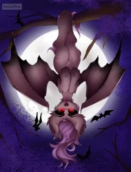 Size: 4320x5680 | Tagged: safe, artist:natanvok, derpibooru import, fluttershy, bat, bat pony, pony, absurd resolution, bat ears, bat ponified, bat wings, fangs, female, flutterbat, full moon, g4, hanging, hanging upside down, image, looking at you, mare, moon, open mouth, outdoors, png, race swap, solo, spread wings, tongue out, tree branch, upside down, wings