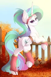 Size: 4000x6000 | Tagged: safe, artist:natanvok, derpibooru import, princess celestia, alicorn, pony, absurd resolution, bound wings, butt, chest fluff, clothes, dock, ear fluff, eyebrows, featureless crotch, female, fence, folded wings, g4, horn, image, leg fluff, leg warmers, lidded eyes, looking at you, looking back, looking back at you, mare, outdoors, plot, png, raised leg, smiling, smiling at you, solo, tail, underhoof, wings