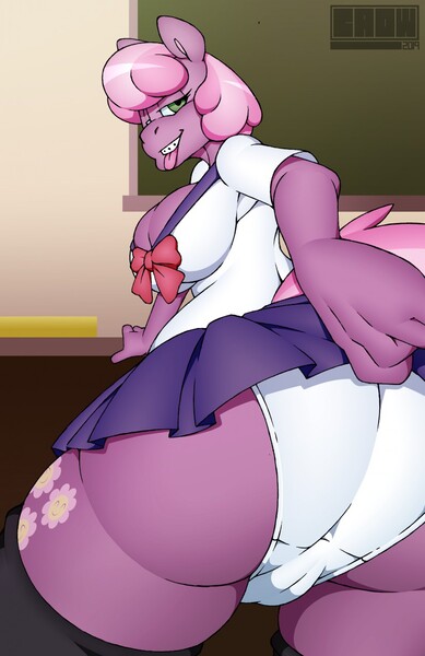 Size: 829x1280 | Tagged: questionable, artist:clarabellecrow, derpibooru import, cheerilee, anthro, earth pony, ass, bedroom eyes, big breasts, braces, breasts, busty cheerilee, butt, cameltoe, chalkboard, classroom, cleavage, clothes, female, flowerbutt, image, jpeg, large butt, looking at you, looking back, looking back at you, panties, sailor uniform, shirt, skindentation, skirt, socks, solo, solo female, thigh highs, thigh muffintop, tongue out, underwear, uniform, upskirt