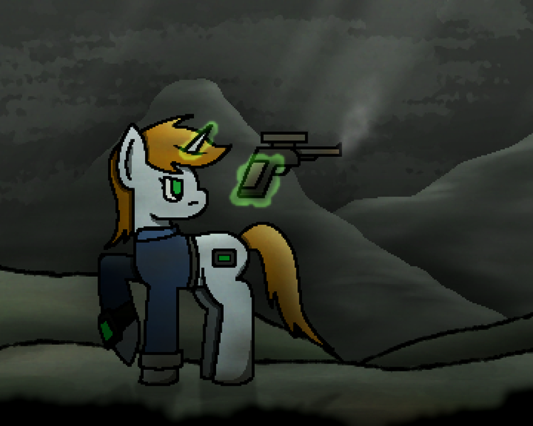 Size: 1440x1152 | Tagged: safe, artist:sirius leaf, derpibooru import, oc, oc:littlepip, pony, unicorn, fallout equestria, female, gun, horn, image, mare, mountain, pipbuck, png, solo, weapon