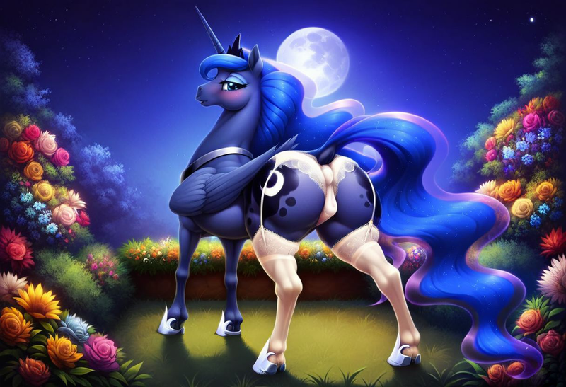Size: 1216x832 | Tagged: questionable, ai content, derpibooru import, machine learning generated, prompter:awesom3n3ss, princess luna, alicorn, pony, anatomically correct, anus cameltoe, bedroom eyes, both cutie marks, butt, clothes, crown, dock, female, flower, g4, garden, garter belt, hoof shoes, image, jewelry, looking at you, looking back, looking back at you, moon, moonbutt, night, night sky, nudity, panties, peytral, plot, png, raised tail, regalia, sky, socks, solo, solo female, stockings, tail, thigh highs, underwear, vulva, wings