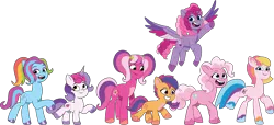 Size: 4058x1858 | Tagged: safe, artist:prixy05, derpibooru import, cheerilee (g3), pinkie pie (g3), rainbow dash (g3), scootaloo (g3), starsong, sweetie belle (g3), toola roola, earth pony, pegasus, pony, unicorn, g3, g5, my little pony: tell your tale, core seven, female, filly, foal, g3 to g5, generation leap, horn, image, mare, png, simple background, toola-roola, transparent background, vector