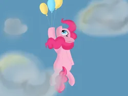 Size: 2000x1500 | Tagged: safe, artist:bazza, derpibooru import, pinkie pie, earth pony, pony, balloon, derpibooru exclusive, floating, holding, image, looking up, paint tool sai, pinkie being pinkie, png, simple shading, sky, then watch her balloons lift her up to the sky