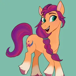 Size: 1800x1800 | Tagged: safe, artist:hibiscuit-rose, derpibooru import, sunny starscout, earth pony, pony, g5, green background, image, looking at you, open mouth, open smile, png, simple background, smiling, smiling at you, solo