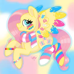 Size: 2048x2048 | Tagged: safe, artist:alithinksshecandraw, derpibooru import, fluttershy, pegasus, pony, 2022, bracelet, clothes, face paint, g4, gradient background, image, jewelry, looking at you, mouthpiece, outline, paint, pansexual pride flag, png, politics, pride, pride flag, scarf, signature, smiling, smiling at you, socks, solo, stockings, striped socks, thigh highs, transgender pride flag