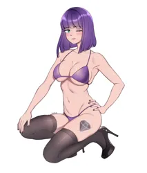 Size: 1920x2257 | Tagged: suggestive, artist:hooba, derpibooru import, maud pie, human, clothes, cutie mark on human, female, hand on hip, high heels, humanized, image, kneeling, lingerie, one eye closed, png, shoes, socks, solo, solo female, stockings, thigh highs, wink