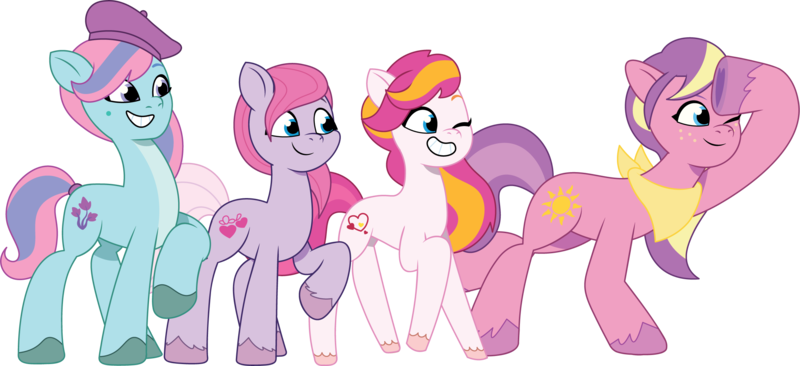 Size: 2465x1129 | Tagged: safe, artist:prixy05, derpibooru import, ivy, light heart, sundance (g2), sunsparkle, sweet berry, earth pony, pony, g2, g5, my little pony: tell your tale, core four, female, g2 to g5, generation leap, image, mare, png, simple background, transparent background, vector