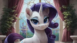 Size: 1920x1080 | Tagged: safe, ai content, derpibooru import, machine learning generated, prompter:truekry, stable diffusion, rarity, pony, unicorn, chest fluff, g4, generator:pony diffusion v6 xl, horn, image, looking at you, png, smiling, smiling at you, wallpaper