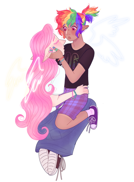 Size: 1280x1733 | Tagged: safe, artist:s0ftserve, derpibooru import, fluttershy, rainbow dash, human, alternate hairstyle, bandaid, blushing, bracelet, clothes, converse, cute, dark skin, dashabetes, duo, duo female, ear piercing, earring, elf ears, eyes closed, female, flutterdash, humanized, image, imminent kissing, jewelry, kneeling, lesbian, nail polish, piercing, png, ponytail, shipping, shirt, shoes, shorts, shyabetes, simple background, skirt, socks, t-shirt, transparent background, wings