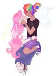 Size: 1280x1733 | Tagged: safe, artist:s0ftserve, derpibooru import, fluttershy, rainbow dash, human, alternate hairstyle, bandaid, blushing, bracelet, clothes, converse, cute, dark skin, dashabetes, duo, duo female, ear piercing, earring, elf ears, eyes closed, female, flutterdash, humanized, image, imminent kissing, jewelry, kneeling, lesbian, nail polish, piercing, png, ponytail, shipping, shirt, shoes, shorts, shyabetes, simple background, skirt, socks, t-shirt, transparent background, wings