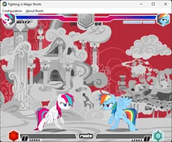 Size: 620x514 | Tagged: safe, artist:fimroots, derpibooru import, rainbow dash, zipp storm, pegasus, fighting is magic, g5, blitz (character), clone, cloudsdale, corrupted dale, flying, g4, game screencap, house, image, png