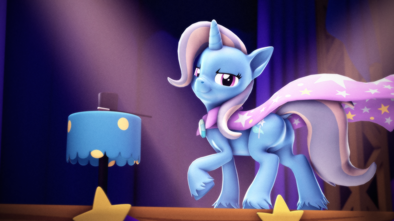 Size: 3840x2160 | Tagged: safe, artist:psfmer, derpibooru import, trixie, pony, unicorn, 3d, butt, cape, clothes, female, horn, image, looking at you, mare, plot, png, raised hoof, smiling, smirk, smug, solo, source filmmaker, stage, stars, table, tablecloth, trixie's cape, unshorn fetlocks, wand