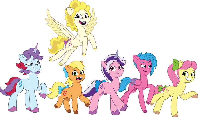 Size: 3280x1932 | Tagged: safe, artist:prixy05, derpibooru import, applejack (g1), firefly, posey (g5), sparkler (g1), surprise, twilight (g1), earth pony, pegasus, pony, unicorn, g1, g5, my little pony: tell your tale, bow, female, g1 six, g1 to g5, generation leap, horn, image, mare, png, simple background, tail, tail bow, transparent background, vector