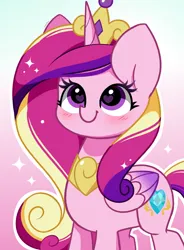 Size: 2352x3199 | Tagged: safe, artist:kittyrosie, derpibooru import, princess cadance, alicorn, pony, blushing, crown, cute, cutedance, female, folded wings, g4, gradient background, heart, heart eyes, high res, horn, image, jewelry, mare, png, regalia, smiling, solo, sparkles, wingding eyes, wings
