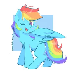 Size: 681x680 | Tagged: safe, artist:everydaydashie, artist:skylinepony_, derpibooru import, rainbow dash, pegasus, pony, blushing, collaboration, female, g4, image, looking at you, mare, missing cutie mark, one eye closed, open mouth, open smile, partially open wings, png, simple background, smiling, smiling at you, solo, white background, wings, wink, winking at you