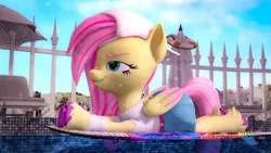 Size: 3840x2160 | Tagged: safe, artist:silkworm205, derpibooru import, part of a set, fluttershy, pegasus, '90s, 3d, 90s grunge fluttershy, alternate hairstyle, cap, clothes, colored eyebrows, colored hooves, colored wings, colored wingtips, download at source, downloadable, fluffy tail, folded wings, g4, gameloft, hat, image, lying down, my little pony: magic princess, png, revamped ponies, shirt, skirt, solo, source filmmaker, source filmmaker resource, surfboard, surfing, swimming pool, tail, unshorn fetlocks, water, wings