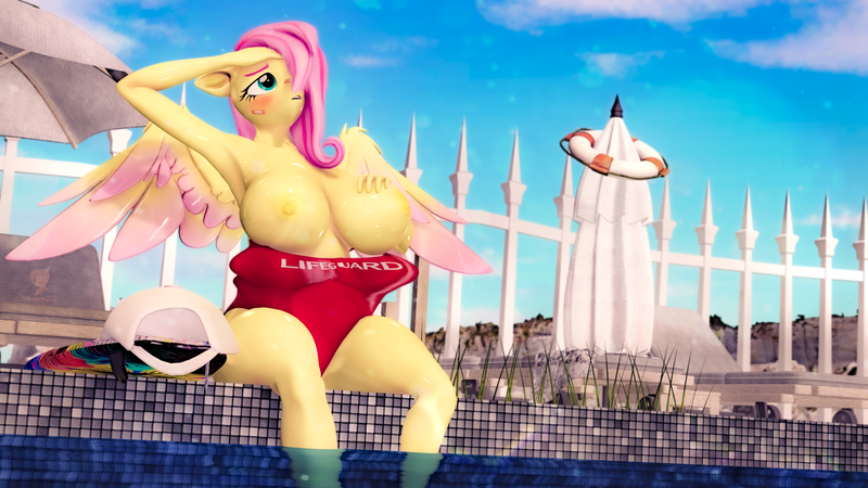 Size: 3840x2160 | Tagged: questionable, artist:silkworm205, derpibooru import, part of a set, fluttershy, anthro, pegasus, '90s, 3d, 90s grunge fluttershy, alternate hairstyle, bandaid, big breasts, blushing, breasts, busty fluttershy, cap, clothes, colored eyebrows, colored wings, colored wingtips, download at source, downloadable, ear fluff, exposed breasts, fluffy tail, g4, gameloft, hat, hot, image, lifeguard, lifeguard fluttershy, my little pony: magic princess, nipples, nudity, outdoors, overheated, partial nudity, png, relaxing, revamped anthros, revamped ponies, sitting, solo, source filmmaker, source filmmaker resource, spread wings, surfboard, sweat, swimming pool, swimsuit, swimsuit aside, tail, topless, uncomfortable, wings