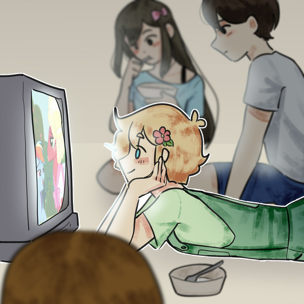 Size: 2000x2000 | Tagged: safe, big macintosh, rainbow dash, human, brotherhooves social, barely pony related, blurry background, blurry foreground, bowl, image, jpeg, obligatory pony, omori, simple background, spoon, television, watching tv, white background