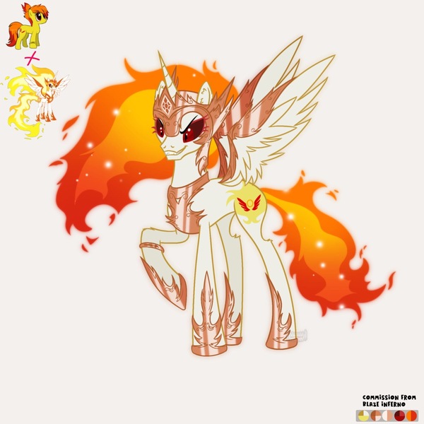 Size: 1600x1600 | Tagged: safe, artist:artsypaws, derpibooru import, daybreaker, oc, oc:blaze inferno, alicorn, earth pony, pony, armor, commission, cutie mark, derpibooru exclusive, design, evil grin, fire, fusion, grin, horn, image, jewelry, jpeg, photo, regalia, ring, smiling, spread wings, wings