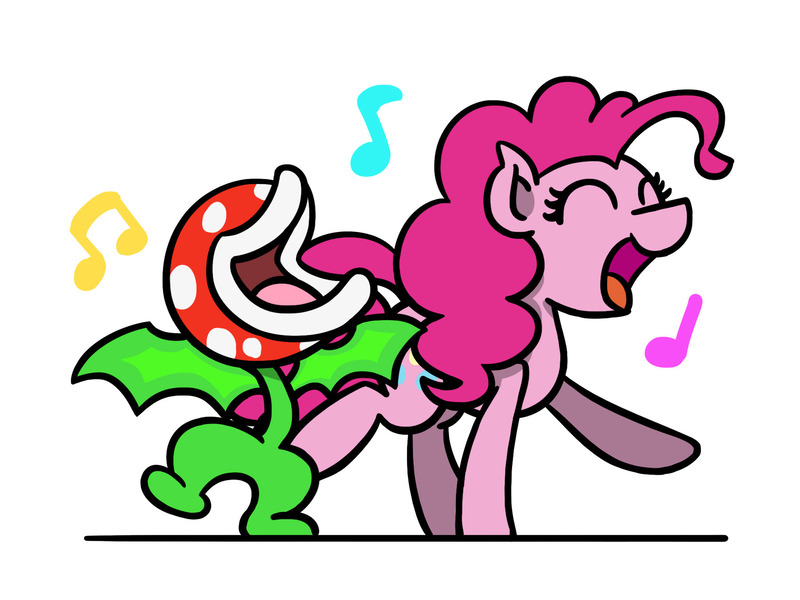 Size: 1800x1350 | Tagged: safe, artist:flutterluv, derpibooru import, pinkie pie, earth pony, pony, crossover, duo, eyes closed, g4, image, jpeg, music notes, piranha plant, simple background, singing, smiling, super mario bros., white background