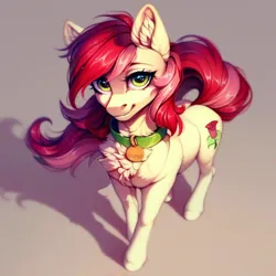 Size: 1024x1024 | Tagged: safe, ai content, derpibooru import, machine learning generated, prompter:doom9454, stable diffusion, roseluck, earth pony, pony, chest fluff, collar, cute, ear fluff, fluffy, generator:pony diffusion v6 xl, image, looking at you, pet tag, png, pony pet, rosepet, standing