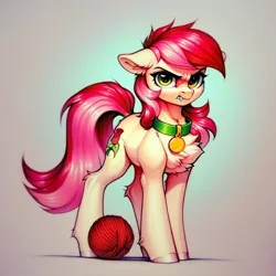 Size: 1024x1024 | Tagged: safe, ai content, derpibooru import, machine learning generated, prompter:doom9454, stable diffusion, roseluck, earth pony, pony, angry, behaving like a cat, chest fluff, collar, cute, ear fluff, fangs, fetlock tuft, floppy ears, fluffy, generator:pony diffusion v6 xl, hock fluff, image, looking at you, pet tag, png, pony pet, rosepet, standing, yarn, yarn ball