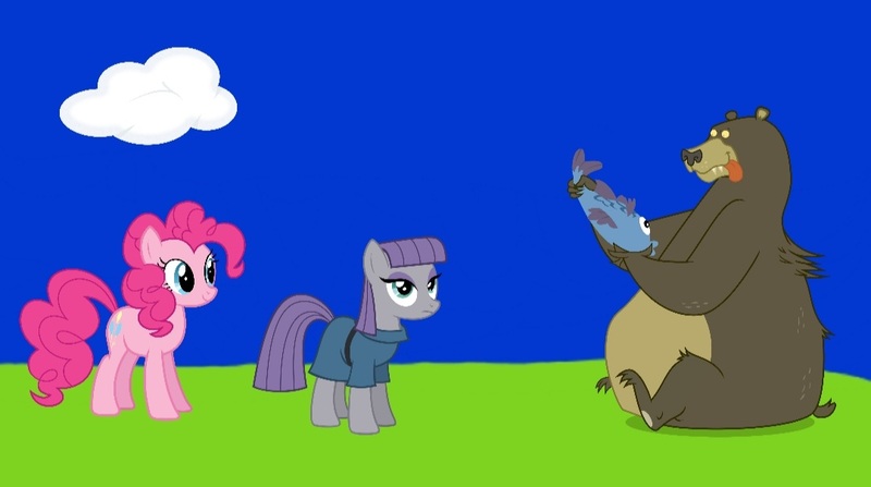 Size: 1080x603 | Tagged: safe, screencap, maud pie, pinkie pie, bear, earth pony, fish, pony, series:maud knows best, series:mlp animation's short films, happy, image, jpeg, pinkie being pinkie, smiling