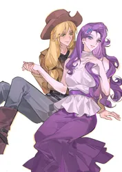 Size: 1452x2048 | Tagged: safe, artist:jiao, derpibooru import, applejack, rarity, human, applejack's hat, clothes, cowboy hat, female, hat, holding hands, humanized, image, jpeg, lesbian, long skirt, rarijack, shipping, simple background, sitting, skirt, white background