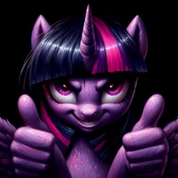 Size: 1024x1024 | Tagged: safe, ai content, derpibooru import, machine learning generated, prompter:enterusxrname, twilight sparkle, twilight sparkle (alicorn), alicorn, pony, black background, evil grin, female, g4, generator:bing image creator, generator:dall-e 3, grin, image, jpeg, mare, simple background, smiling, solo, spread wings, suddenly hands, thumbs up, wings