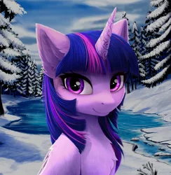 Size: 3186x3260 | Tagged: safe, artist:empress-twilight, derpibooru import, twilight sparkle, twilight sparkle (alicorn), alicorn, pony, chest fluff, cute, ear fluff, female, horn, ice, image, looking at you, mare, nature, outdoors, png, river, smiling, smiling at you, snow, solo, tree, twiabetes, water, winter