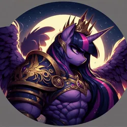 Size: 1024x1024 | Tagged: safe, ai content, derpibooru import, machine learning generated, prompter:enterusxrname, twilight sparkle, twilight sparkle (alicorn), alicorn, anthro, pony, armor, buff, crown, female, g4, generator:bing image creator, generator:dall-e 3, icon, image, jewelry, jpeg, long mane, mare, masculine mare, moon, muscles, muscular female, regalia, solo, spread wings, stars, twilight muscle, wings