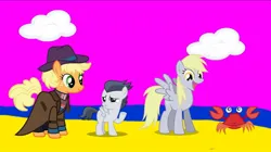 Size: 1080x604 | Tagged: safe, screencap, applejack, derpy hooves, rumble, crab, earth pony, pegasus, pony, series:mlp animation's short films, series:sailors away, beach, happy, image, jpeg, smiling